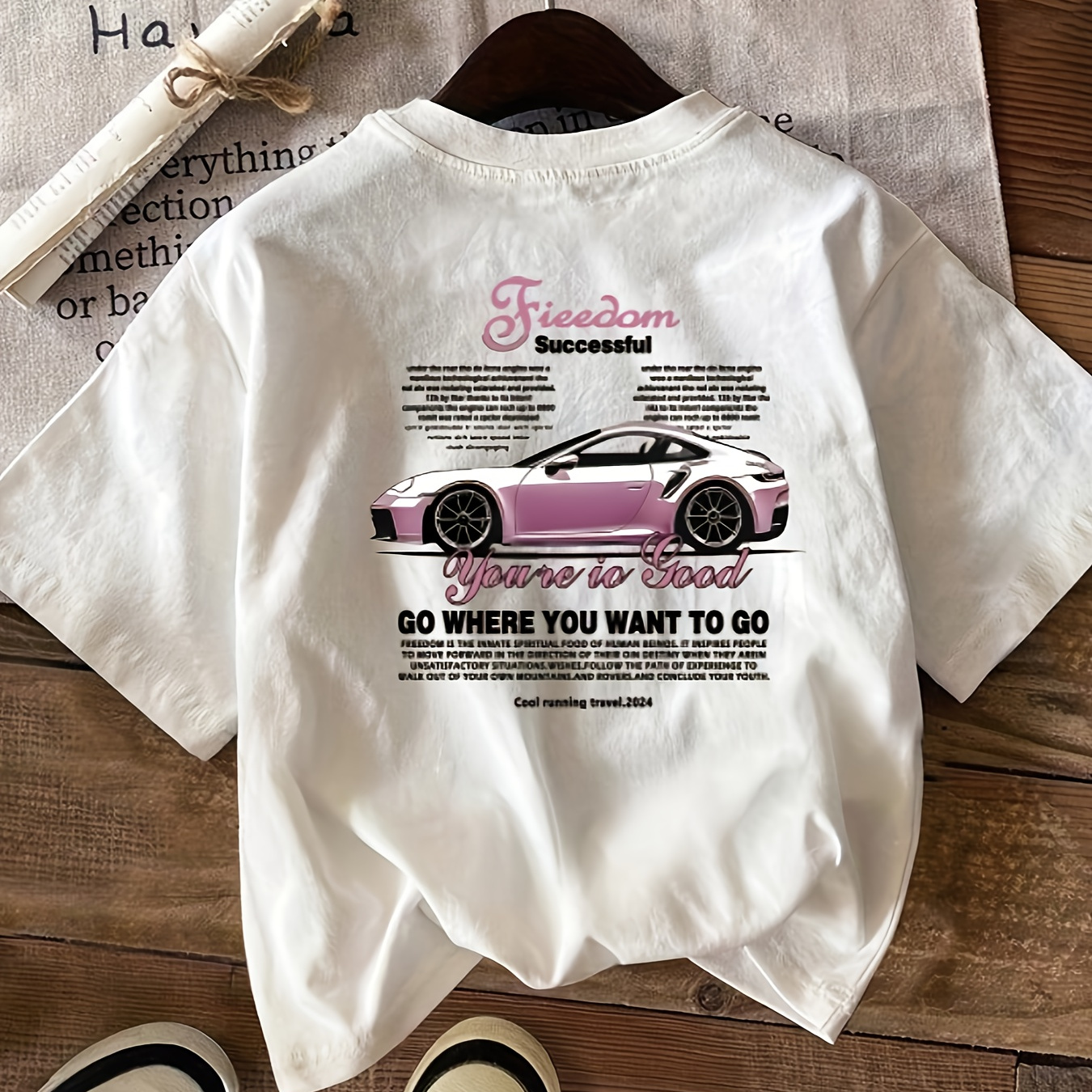 

Women's Casual Crew Neck T-shirt With Pink Sports Car Graphic, " Is Good" Quote, Knit Polyester Short Sleeve Top, Machine Washable, Wear, Tshirt | Crew Neck Tee | Machine Washable Shirt