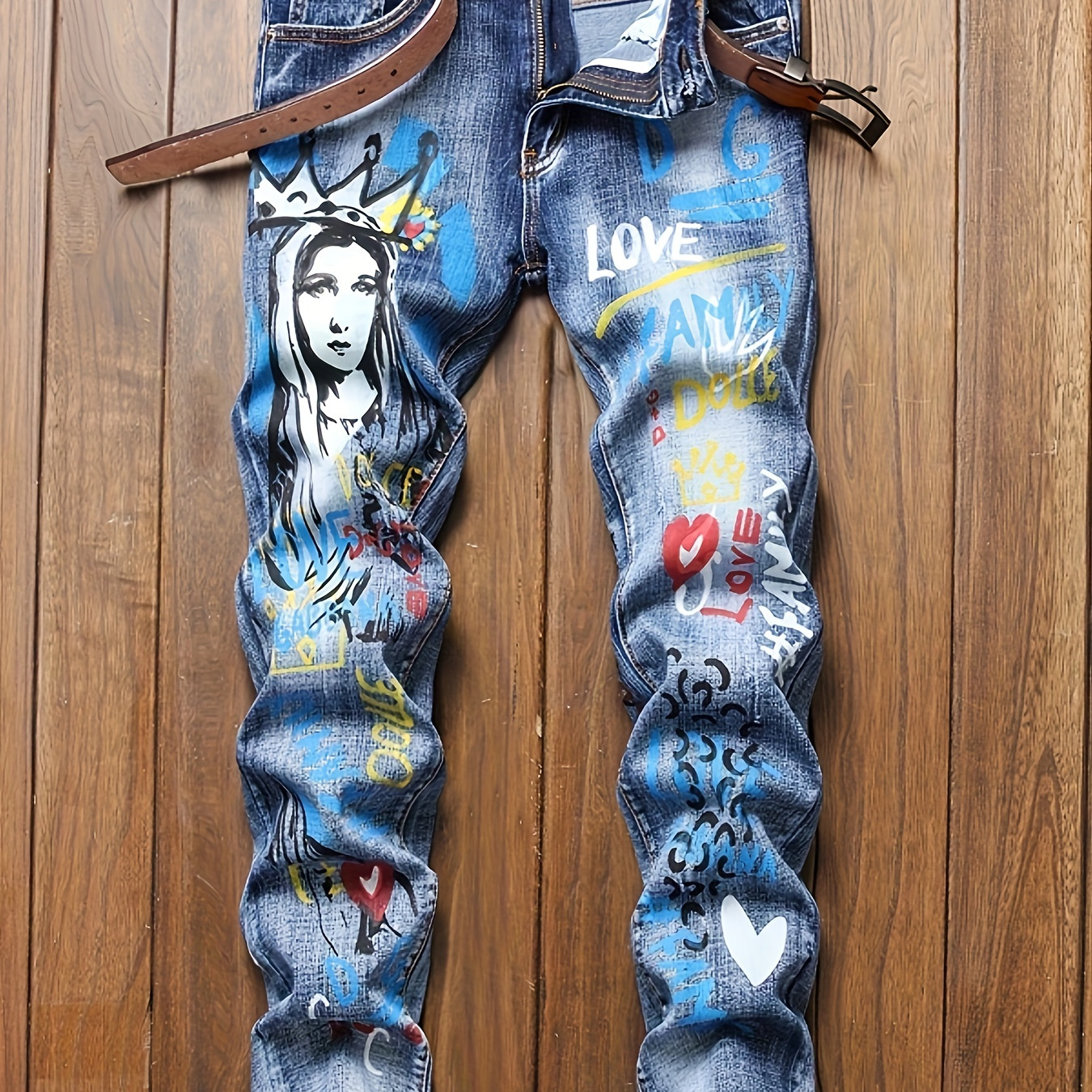 

Men's Trendy Pattern Jeans Distressed Punk Men's Denim Pants Graffiti Pattern Slim Streetwear Hip Hop Jeans