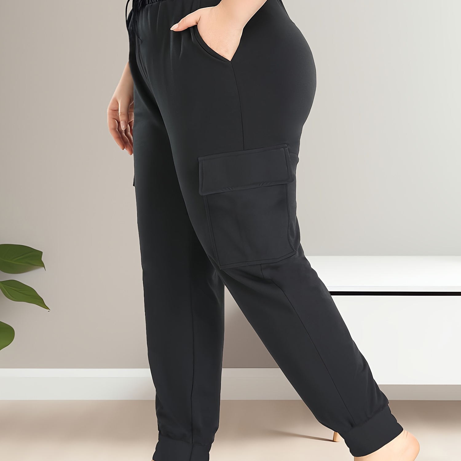 

Women's Plus Size Cargo Joggers With Drawstring - Comfortable Fabric, Elastic Waist, Casual Pockets Pants