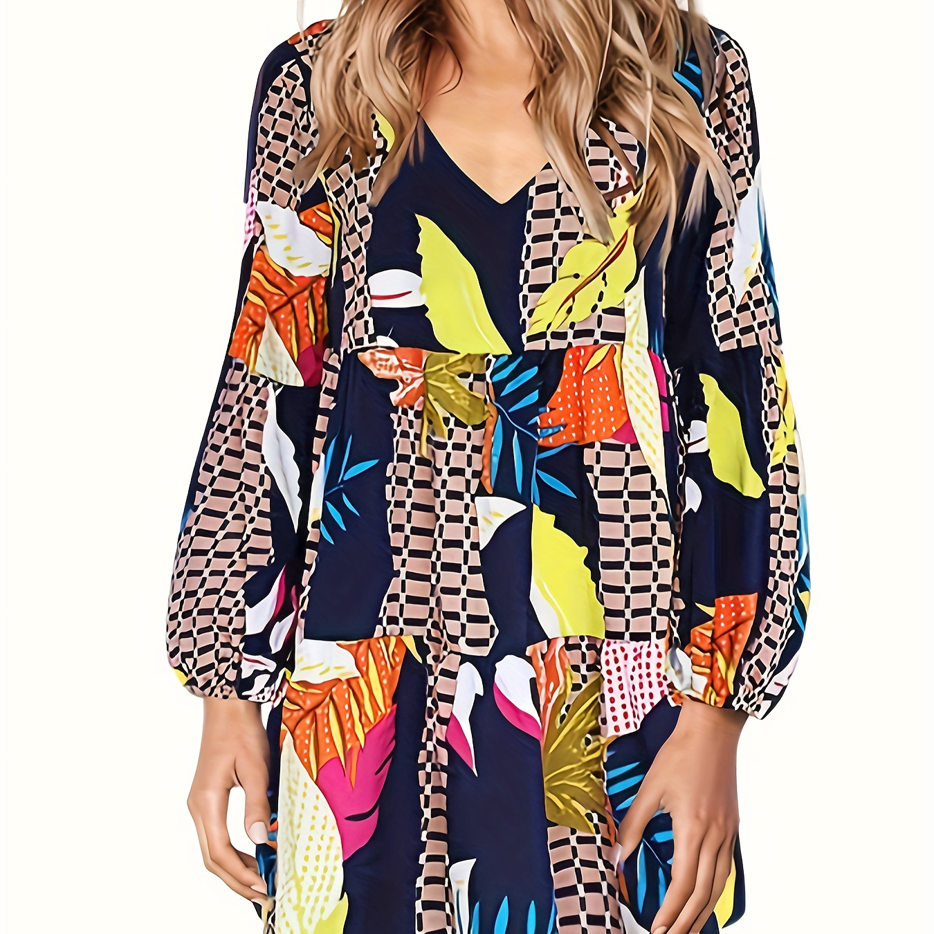 

Graphic Print V-neck Dress, Casual Lantern Sleeve Dress For Spring & Fall, Women's Clothing