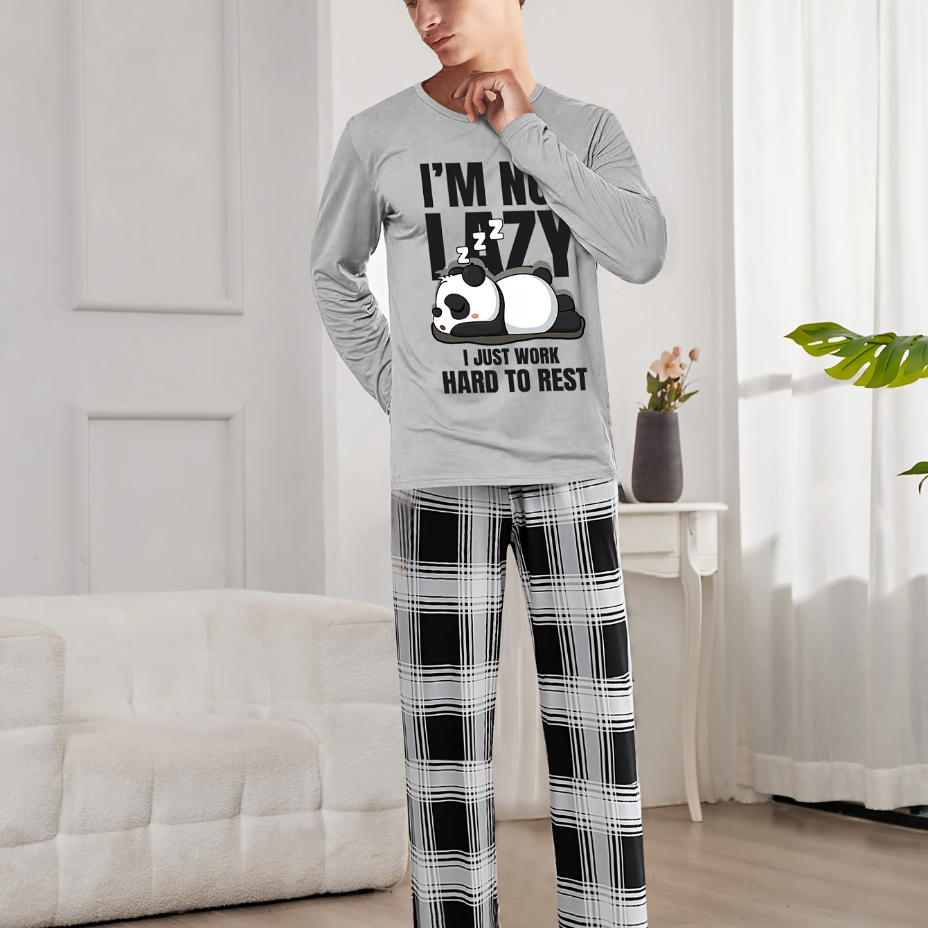 

2 Pcs Boy's Casual Home Wear Set, Cute Panda Letter Print Round Neck Long Sleeve & Plaid Trousers, Comfy & Skin-friendly Set, As Daily Gift