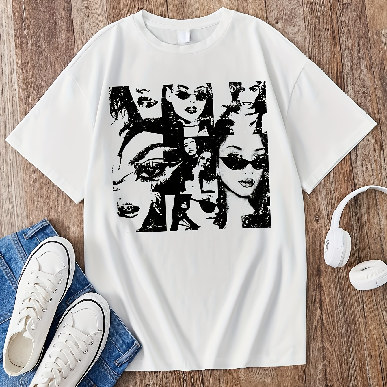 

Knit Vintage Portrait Graphic Short Sleeve Crew Neck T-shirt For Girls, Casual Comfy Breathable Summer Tee Top Cute Gift