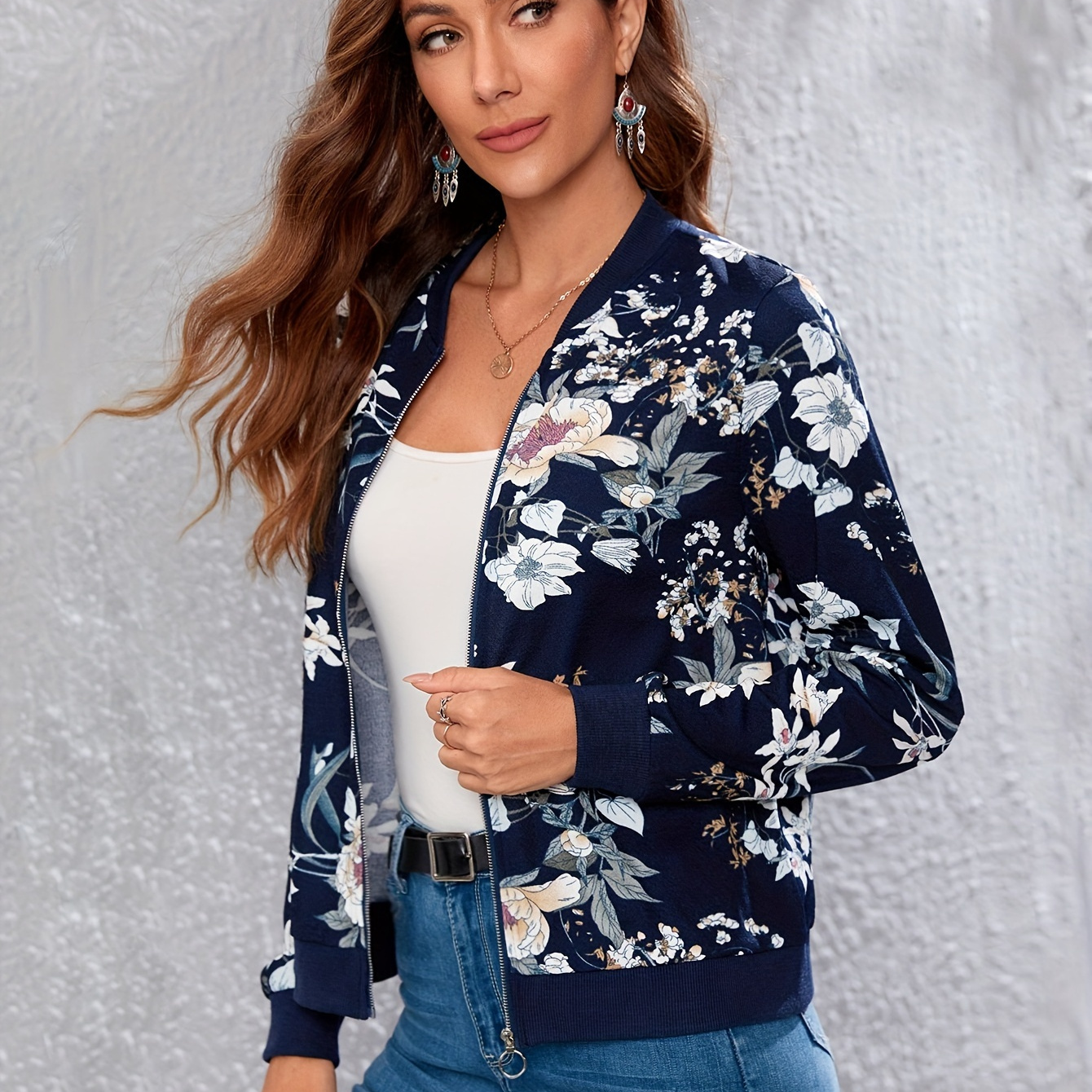 

Floral Print Zipper Front Jacket, Casual Long Sleeve Outwear For Spring & Fall, Women's Clothing