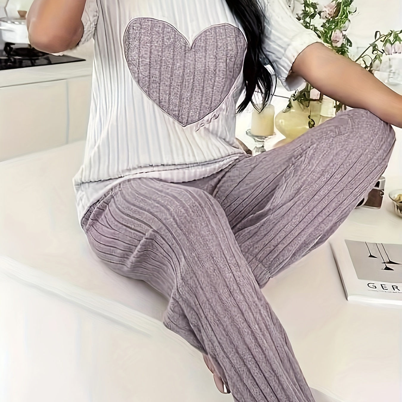 

Ensemble de pyjama pour femme, imprimé de cœurs, manches courtes, pantalon long, coton , pièces, tenue décontractée et confortable pour , polyester, col rond, toutes , pyjama en pour adulte.