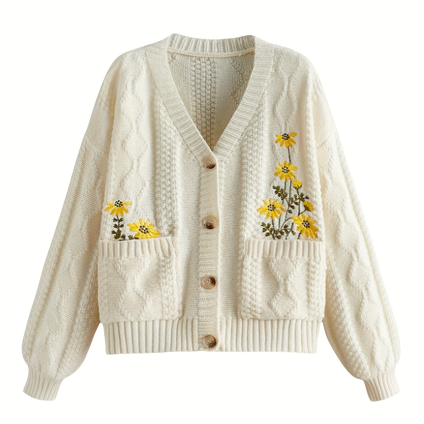 

Floral Embroidery Button Front Cardigan, Casual Long Sleeve V Neck Cardigan For Fall & Winter, Women's Clothing