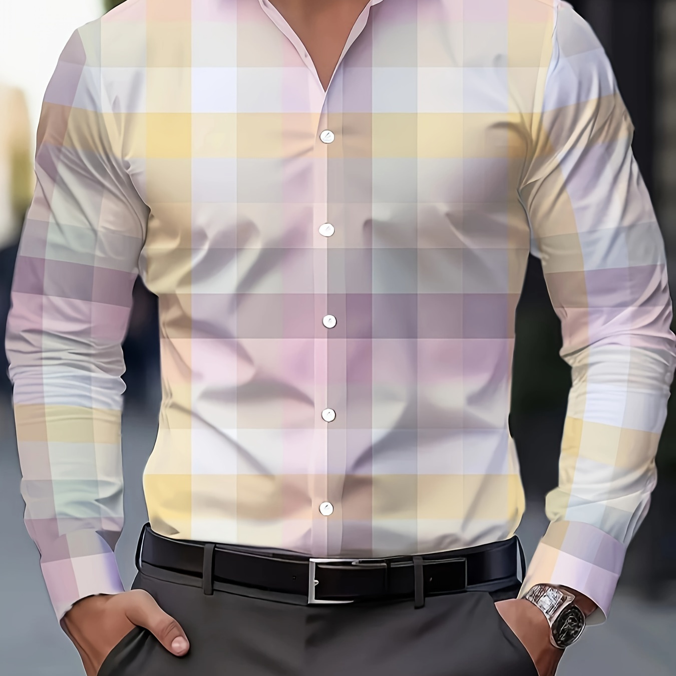 

Men's Checked Print Long Sleeve Shirt For Spring And Fall, Casual Comfy Shirt As Gift