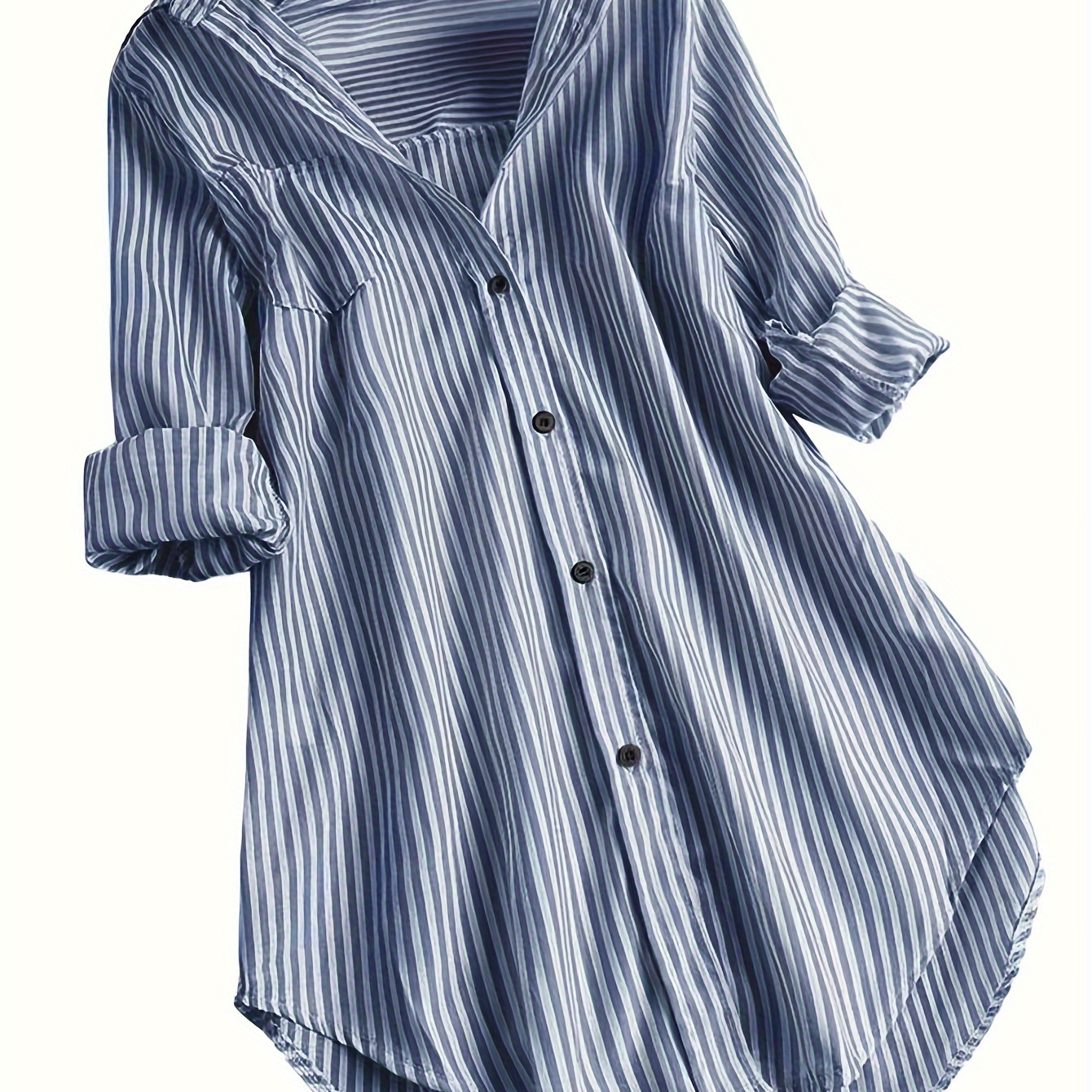 

Vertical Striped Button Front Shirt, Casual Curved Hem Long Sleeve Shirt For Spring & Fall, Women's Clothing