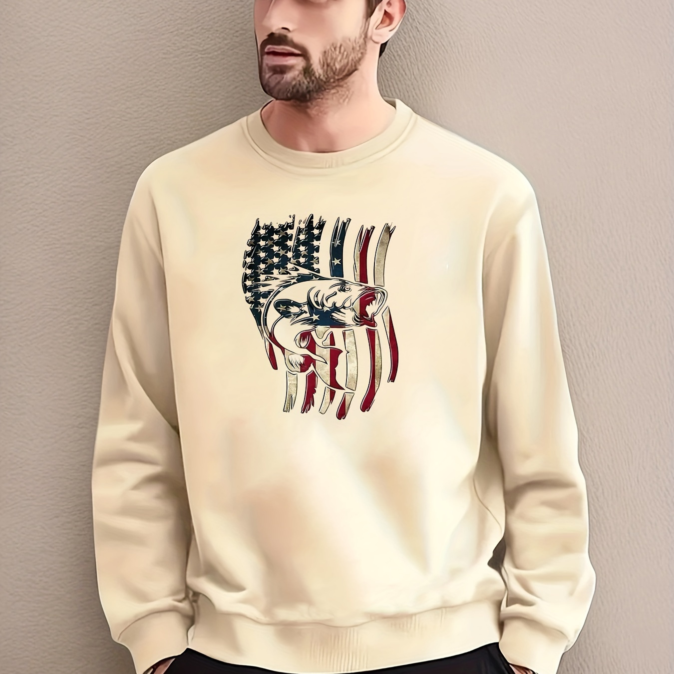 

Fish & Flag Print Trendy Sweatshirt, Men's Casual Graphic Design Crew Neck Pullover Sweatshirt For Men Fall Winter
