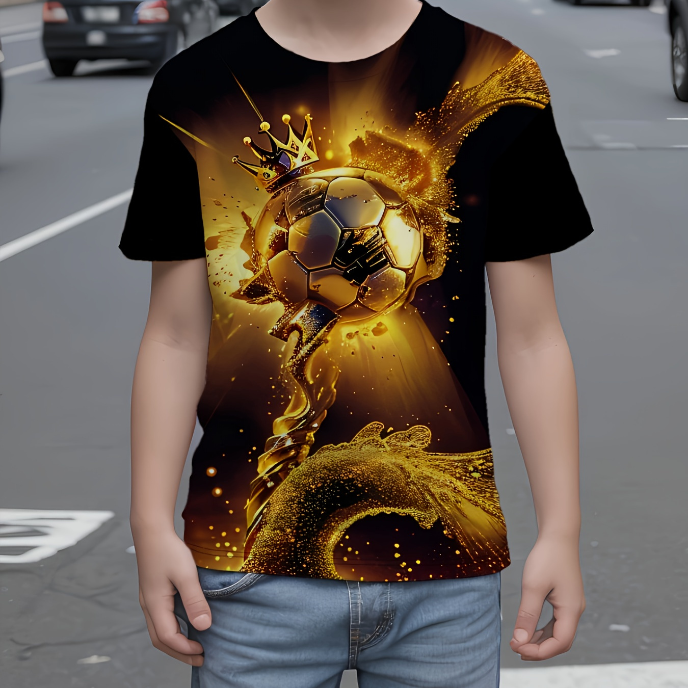 

Golden Football 3d Print T-shirt, Casual Short Sleeve Creative Versatile Top, Boy's Spring Summer Clothing