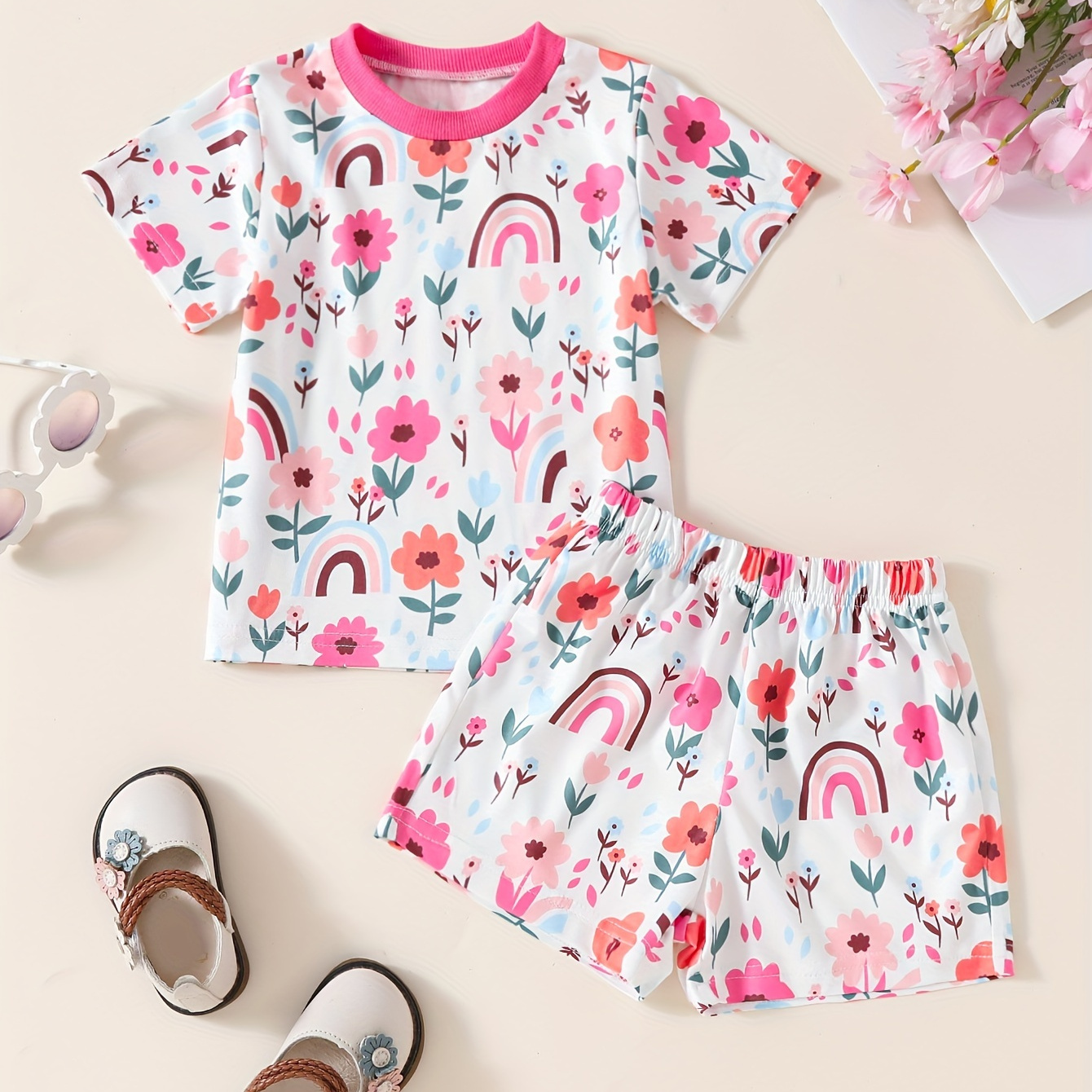 

Baby's Cartoon Rainbow & Flower Full Print 2pcs Summer Outfit, Casual T-shirt & Shorts Set, Toddler & Infant Girl's Clothes For Daily/holiday, As Gift