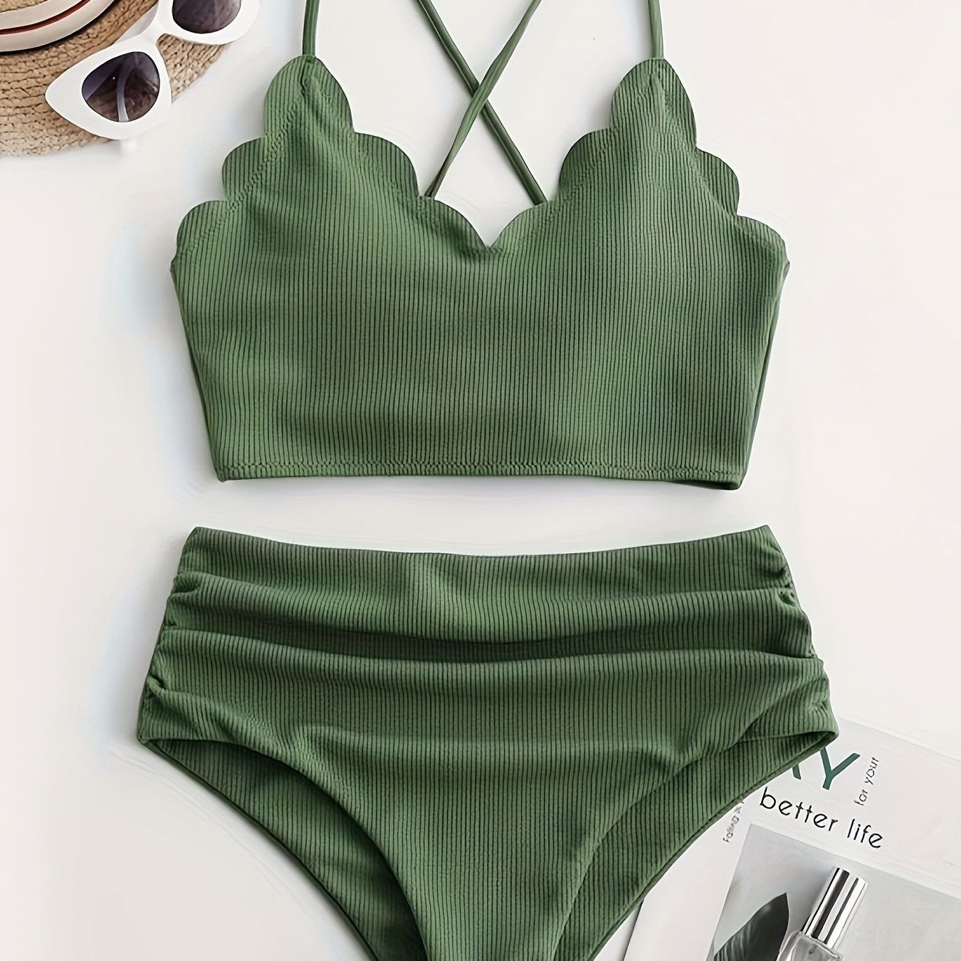 

Ribbed Textured High-waisted 2 Piece Bikini Set Sexy Solid Color Swimsuit With Unique Scalloped Edge Design