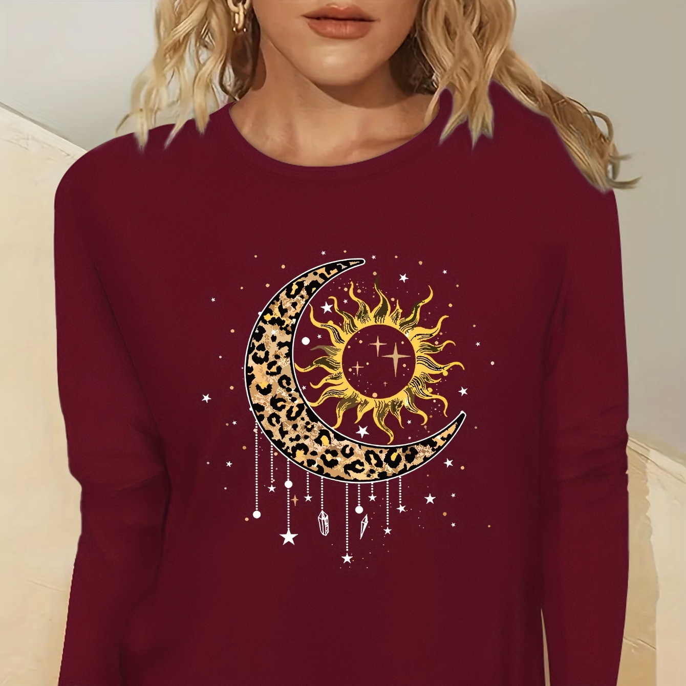 

Print T-shirt, Long Sleeve Crew Neck Casual Top For Spring & Fall, Women's Clothing