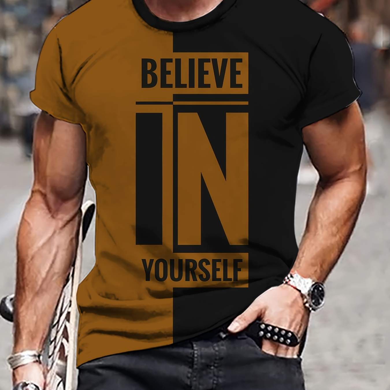 

Men's Color Matching Believe In Yourself Print T-shirt, Casual Short Sleeve Crew Neck Tee, Men's Clothing For Outdoor