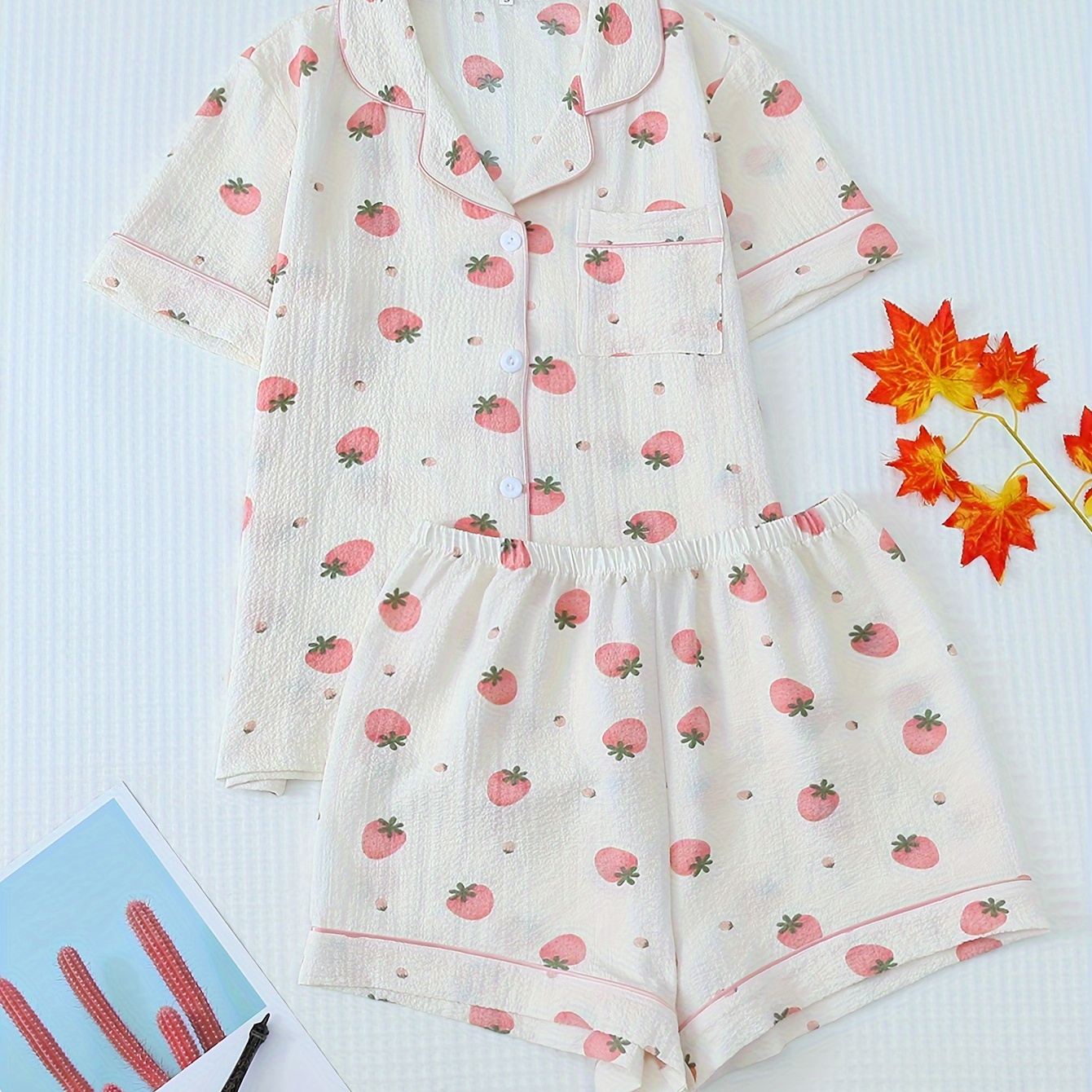 

Strawberry Print Textured Pajama Set, Casual Short Sleeve Button Up Lapel Collar Top & Shorts, Women's Sleepwear