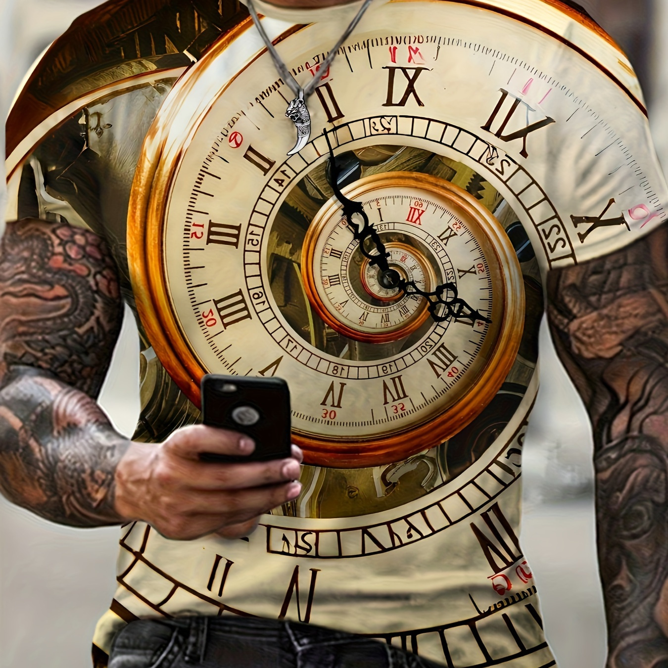 

Plus Size Men's O'clock Graphic Print T-shirt, Vintage Style Short Sleeve Tees For Males