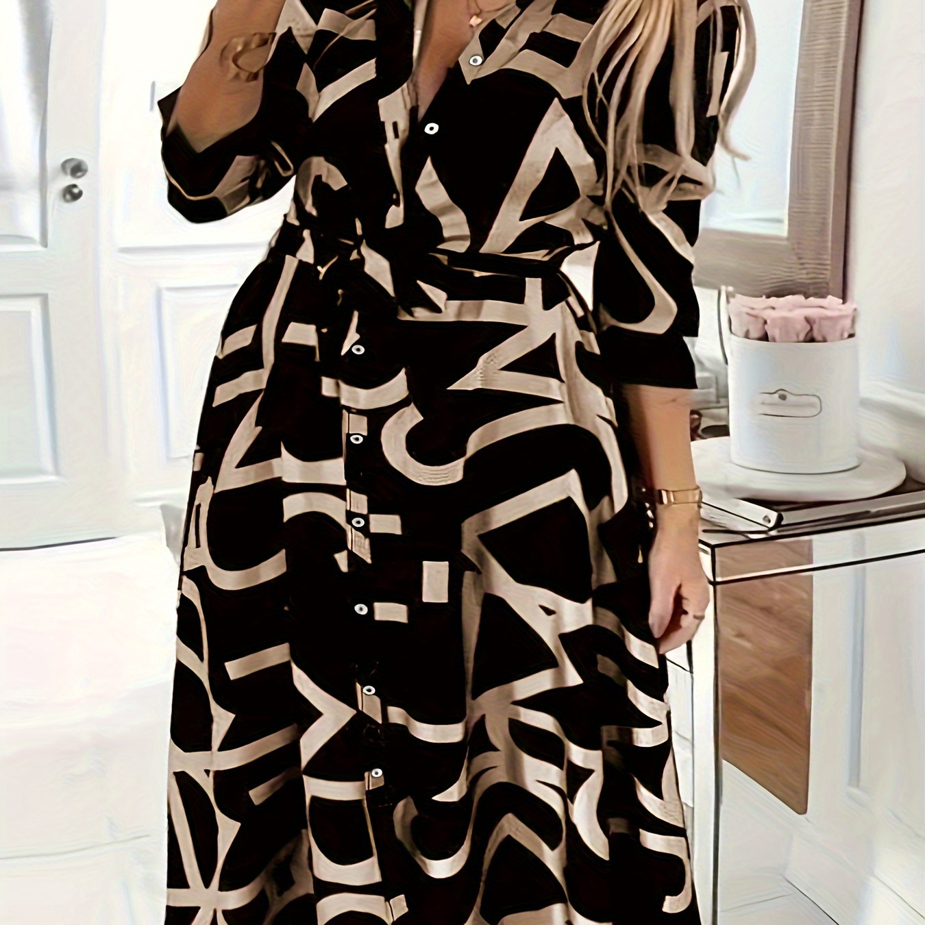 

Plus Size All Over Print Belted Dress, Casual Collared Button Front Long Sleeve Dress, Women's Plus Size Clothing