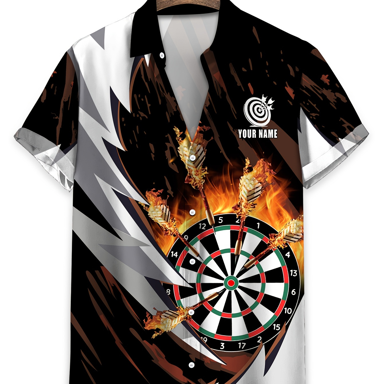 

1pc Customizable Men's Casual Polyester Dart Fire Thunderstorm Print Shirt With Personalized Name And Team Options, Regular Fit Short Sleeve Hawaiian Shirt For Summer