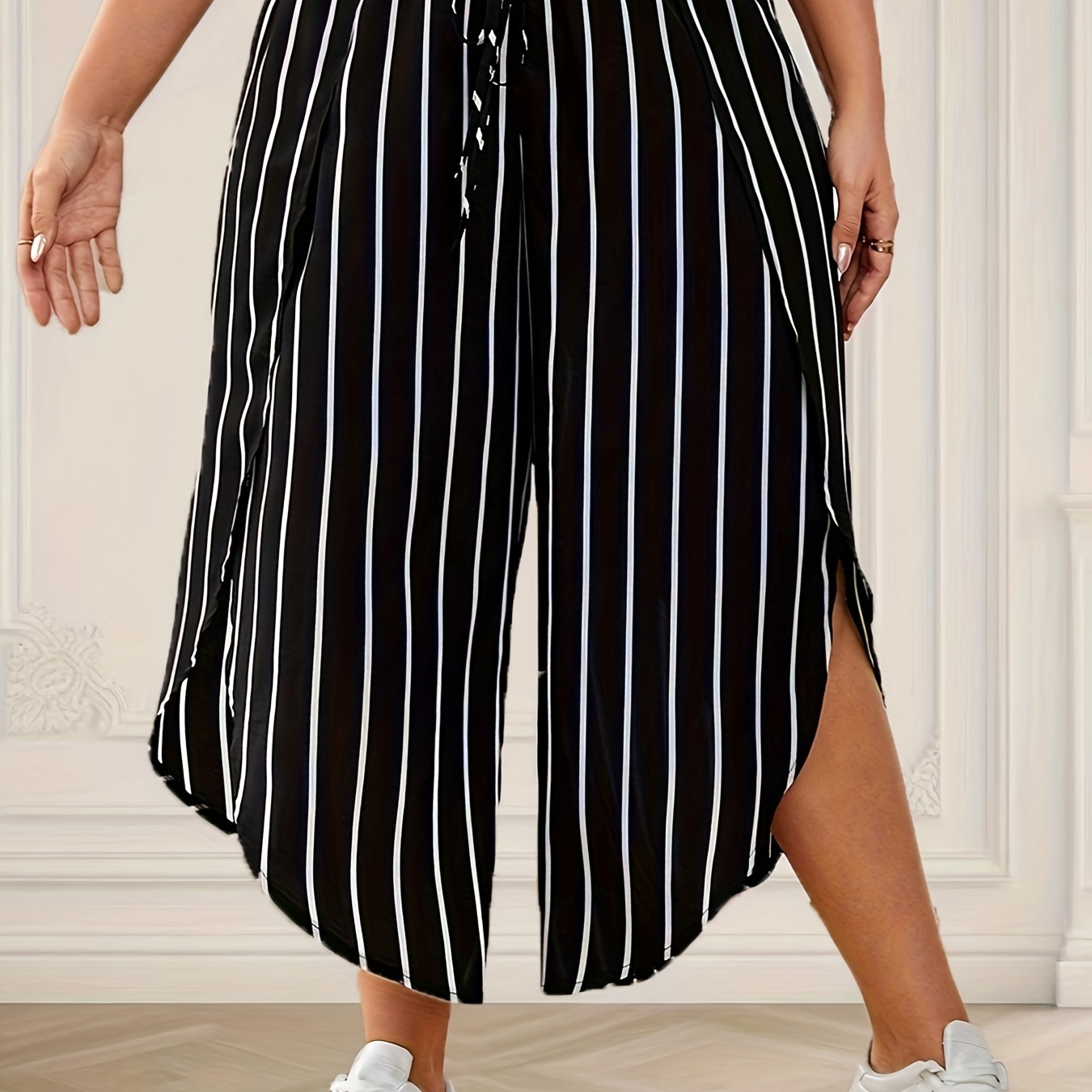 

Pantalon à rayures grande taille, pantalon décontracté à jambes larges et taille haute pour et l'été, vêtements grande taille pour femmes