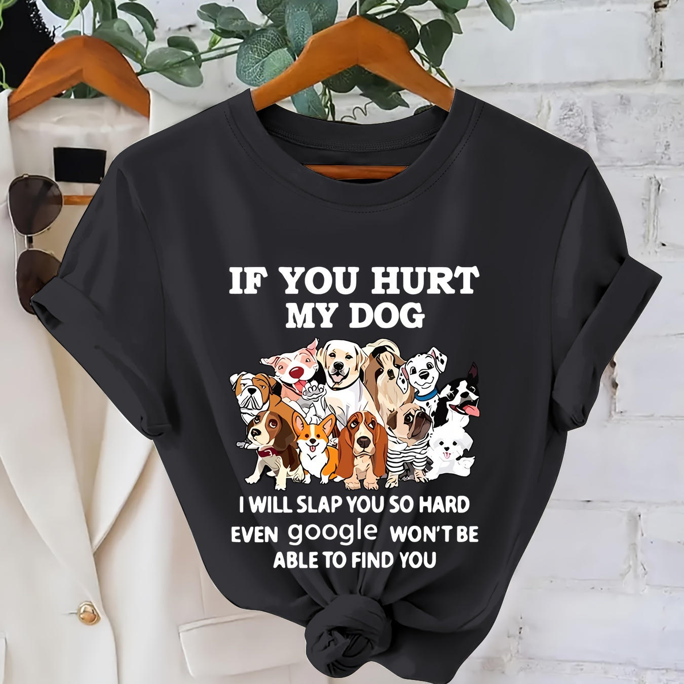 

Plus Size Letter & Puppy Print T-shirt, Casual Short Sleeve Crew Neck Top For Summer & Spring, Women's Plus Size Clothing