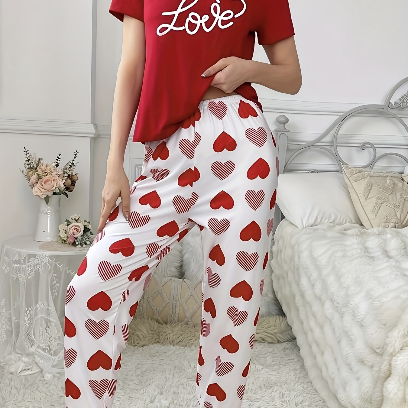 

1set Heart Pattern Printed Pajama Set For Adults, Polyester Knit Fabric, Casual Crew Neck Long Sleeve Top With Matching Pants, Sleepwear For Spring/summer/fall