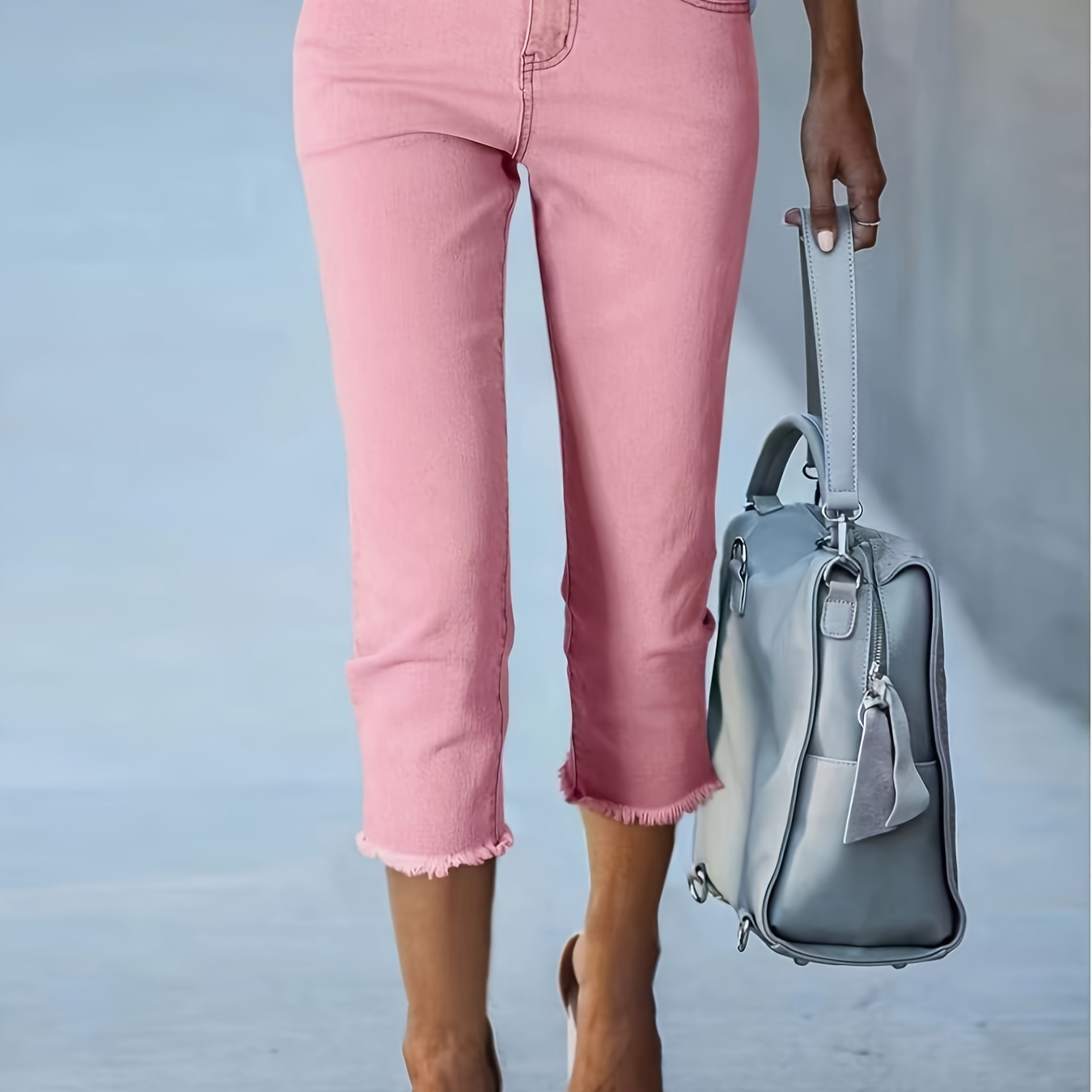 

Women's Fashion Casual Frayed Hem Capri Straight-leg Denim Pants, Pinkish Plain Pastel Color Capri Jeans, Versatile Summer Style