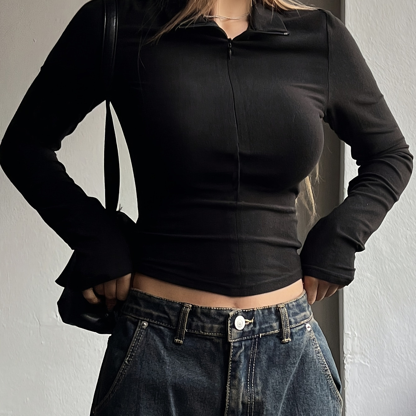 

Zipper Crop Slim Plain Color T-shirt, Y2k Long Sleeve Top For Spring & Fall, Women's Clothing