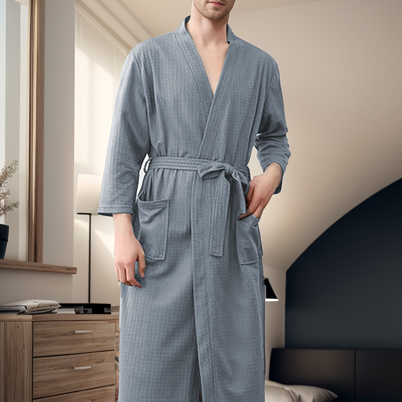 

Elegant Men's Waffle Weave Breathable Robe, Soft & Casual Bathrobe, Loose Sleepwear, Absorbent Quick-dry Loungewear Casual Style For Home Use