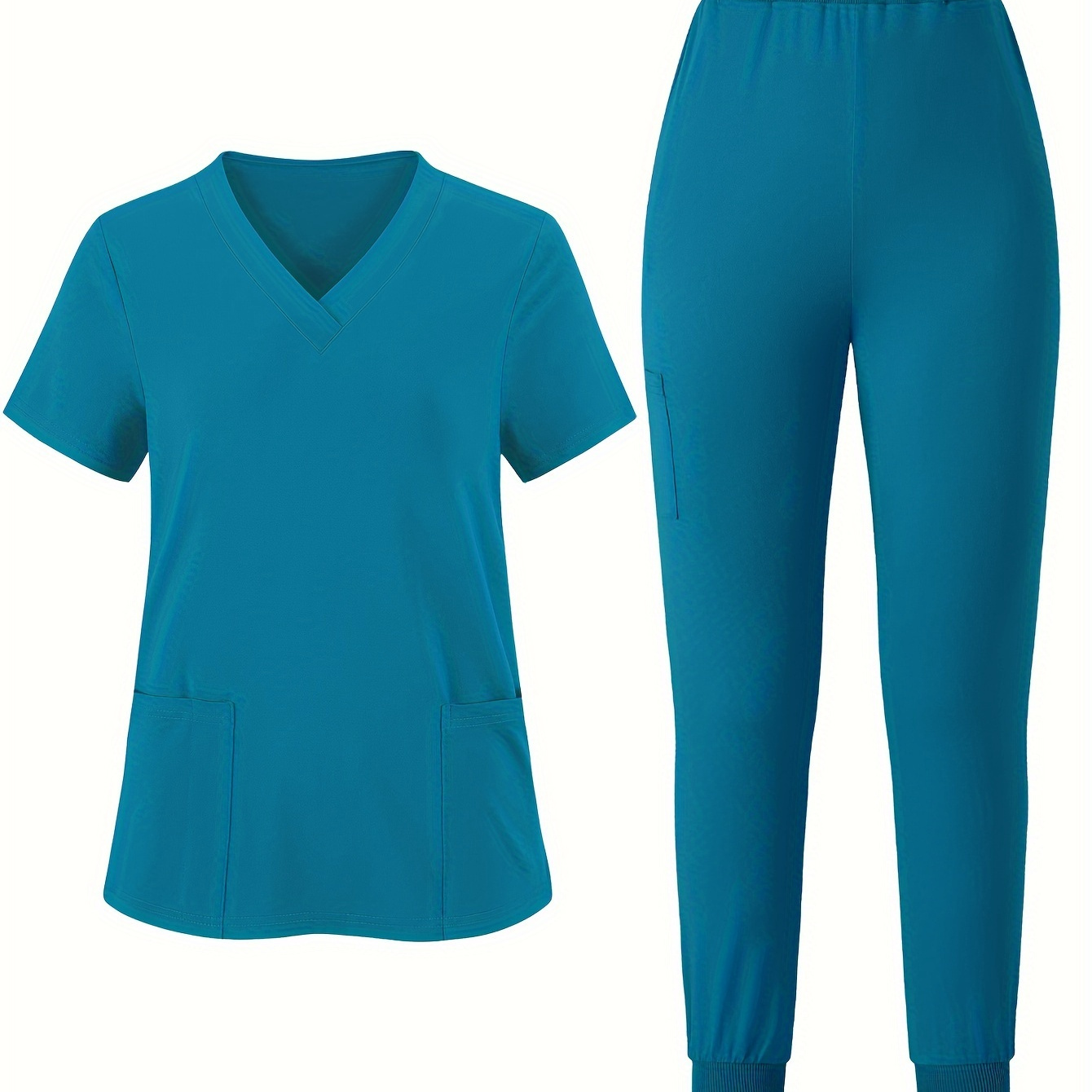 

Women's Scrub Set: V-neck Short Sleeve Top & Drawstring Joggers With Pockets - Elegant Solid Color, Machine Washable Polyester , Workwear For Nurses And Professionals