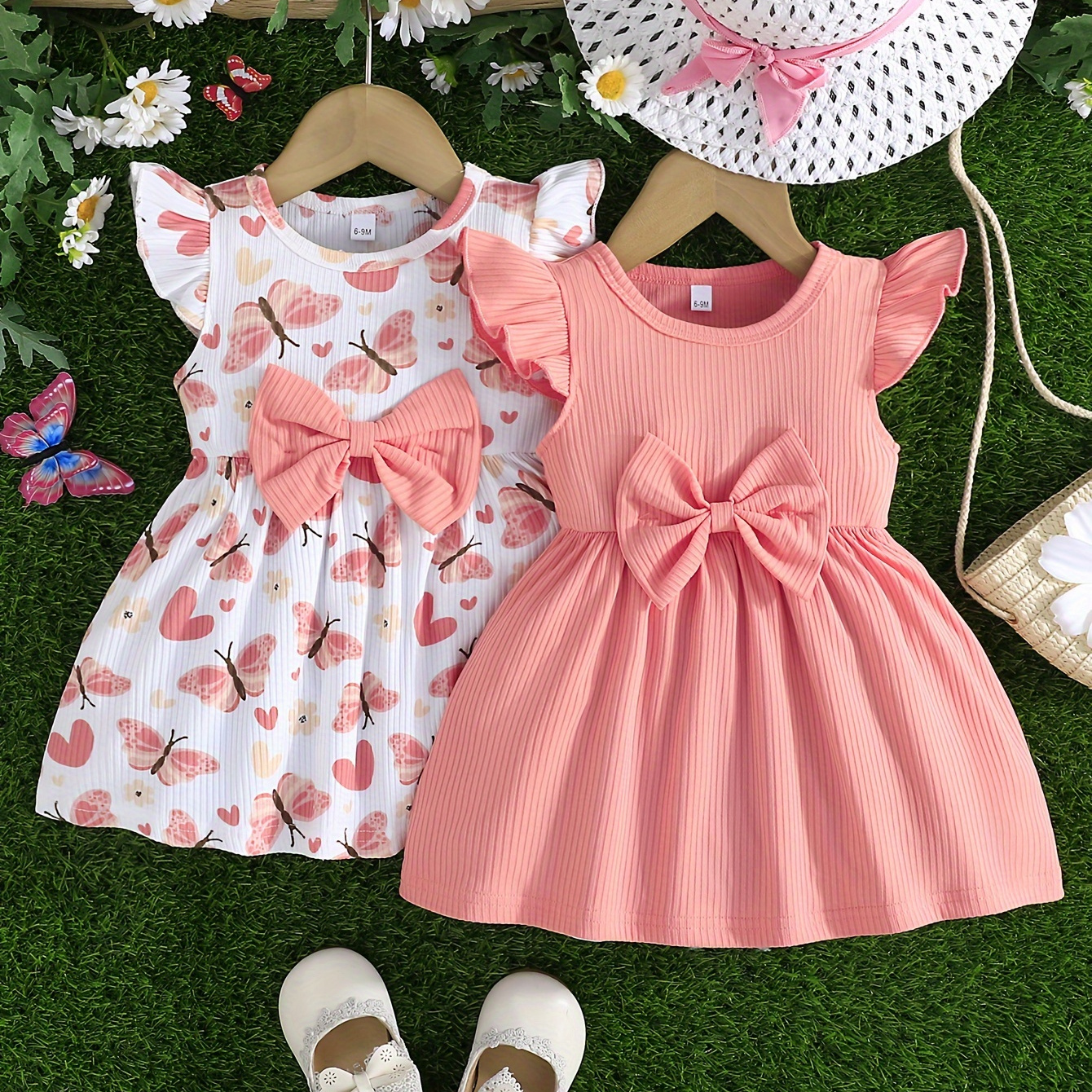 

2pcs Baby's Bowknot Decor Ribbed Cap Sleeve Dress, Solid Color & Butterfly Pattern Dress, Infant & Toddler Girl's Clothing For Summer Daily Wear/holiday/party, As Gift