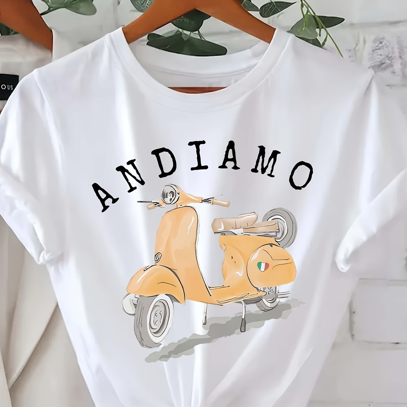 

Andiamo Letter Print T-shirt, Short Sleeve Crew Neck Casual Top For Summer & Spring, Women's Clothing