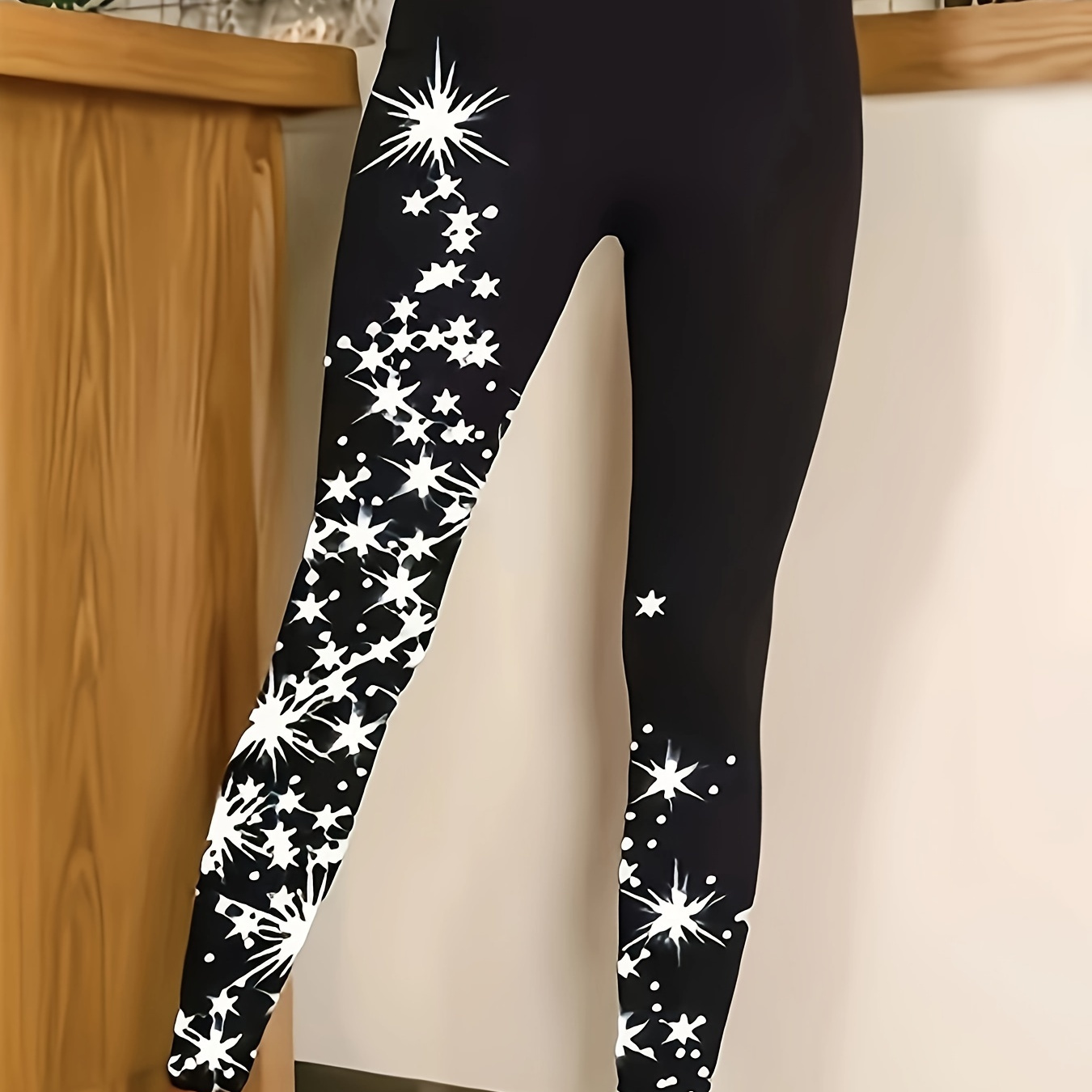 Plus Size Casual Leggings, Women's Plus Star & Striped Print High Rise  Medium Stretch Leggings