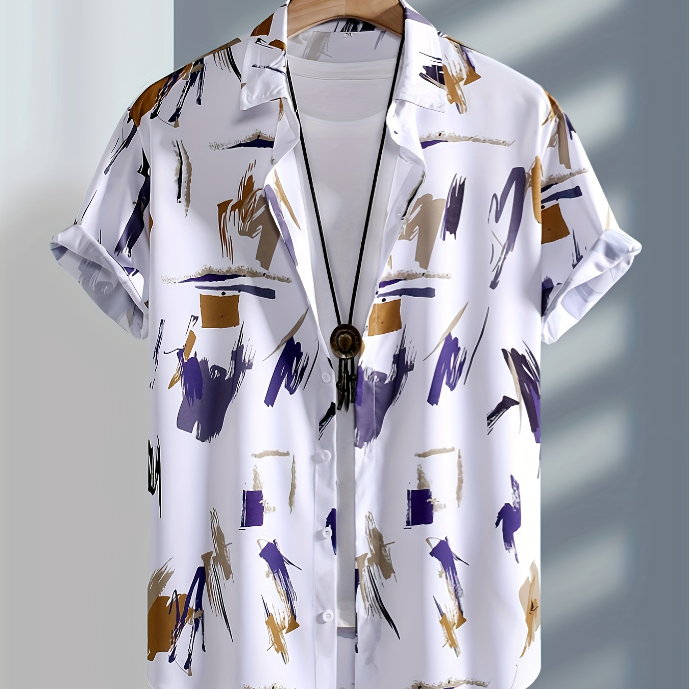 

Men's Graffiti Graphic Print Shirt, Casual Lapel Button Up Short Sleeve Shirt For Summer Outdoor Activities