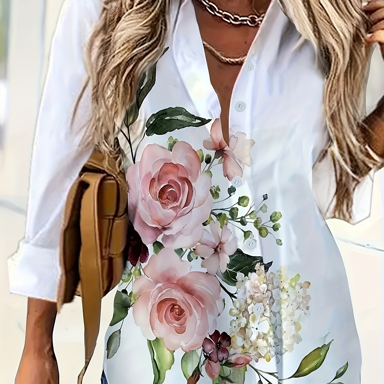 

Floral Print Button Front Collared Shirt, Casual Long Sleeve Shirt For Spring & Fall, Women's Clothing