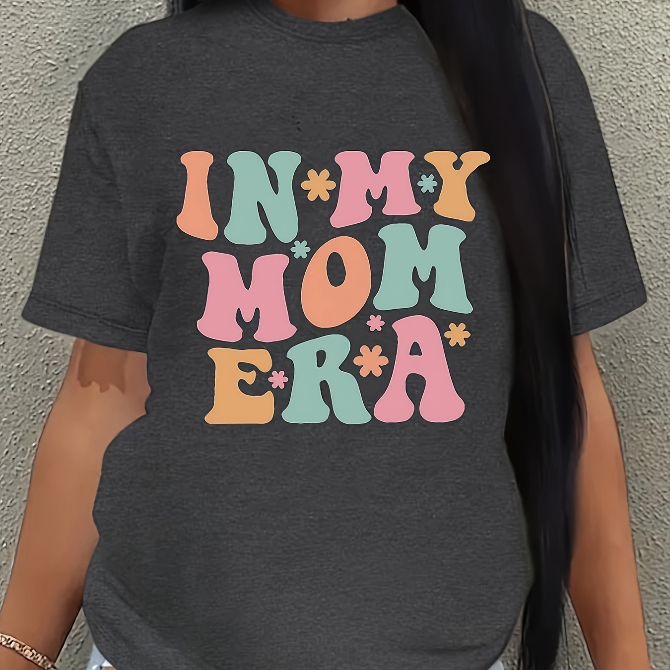 

Mom Era Print Crew Neck T-shirt, Short Sleeve Casual Top For Spring & Summer, Women's Clothing