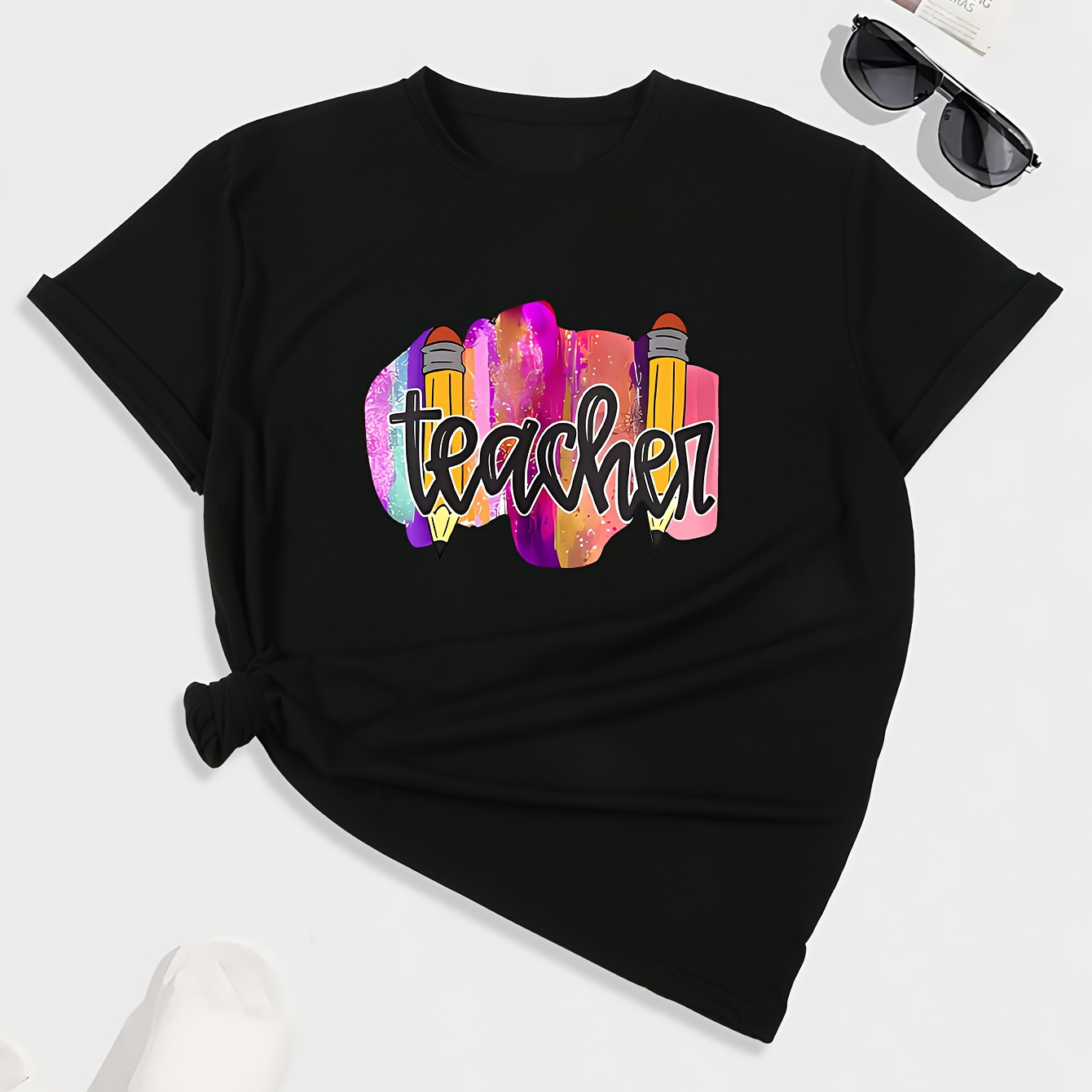 

Women's Short Sleeve T-shirt, With Colorful Pencil Letter "teacher" Print, Comfort Fit, Round Neck Fashion Top