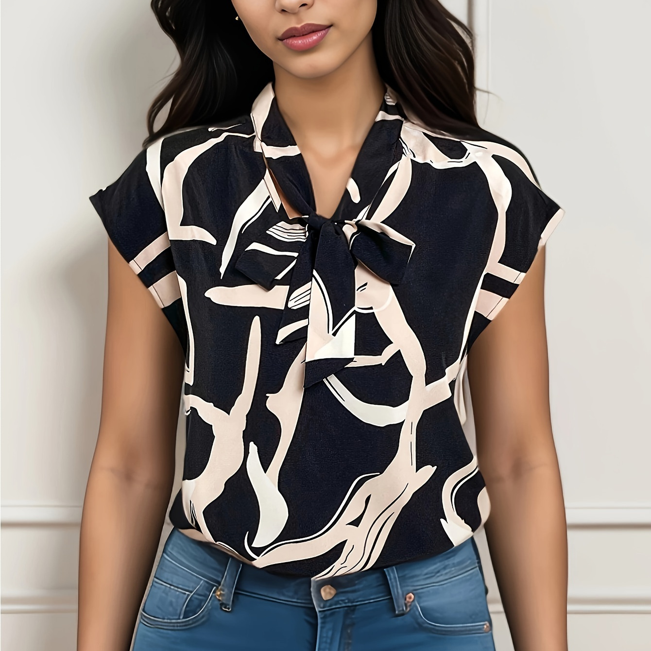 

Abstract Print Tie Neck Blouse, Elegant Cap Sleeve Blouse For Spring & Summer, Women's Clothing