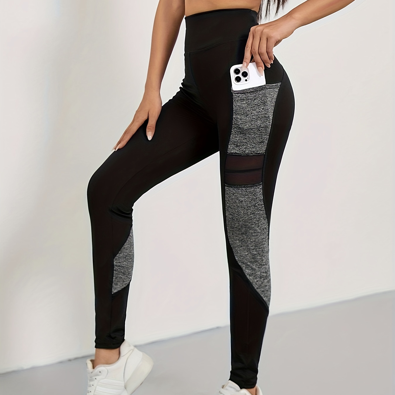 

Contrast Color Mesh Stitching Yoga Leggings, High Waist Hip Lifting Side Pockets Fitness Workout Pants, Women's Activewear