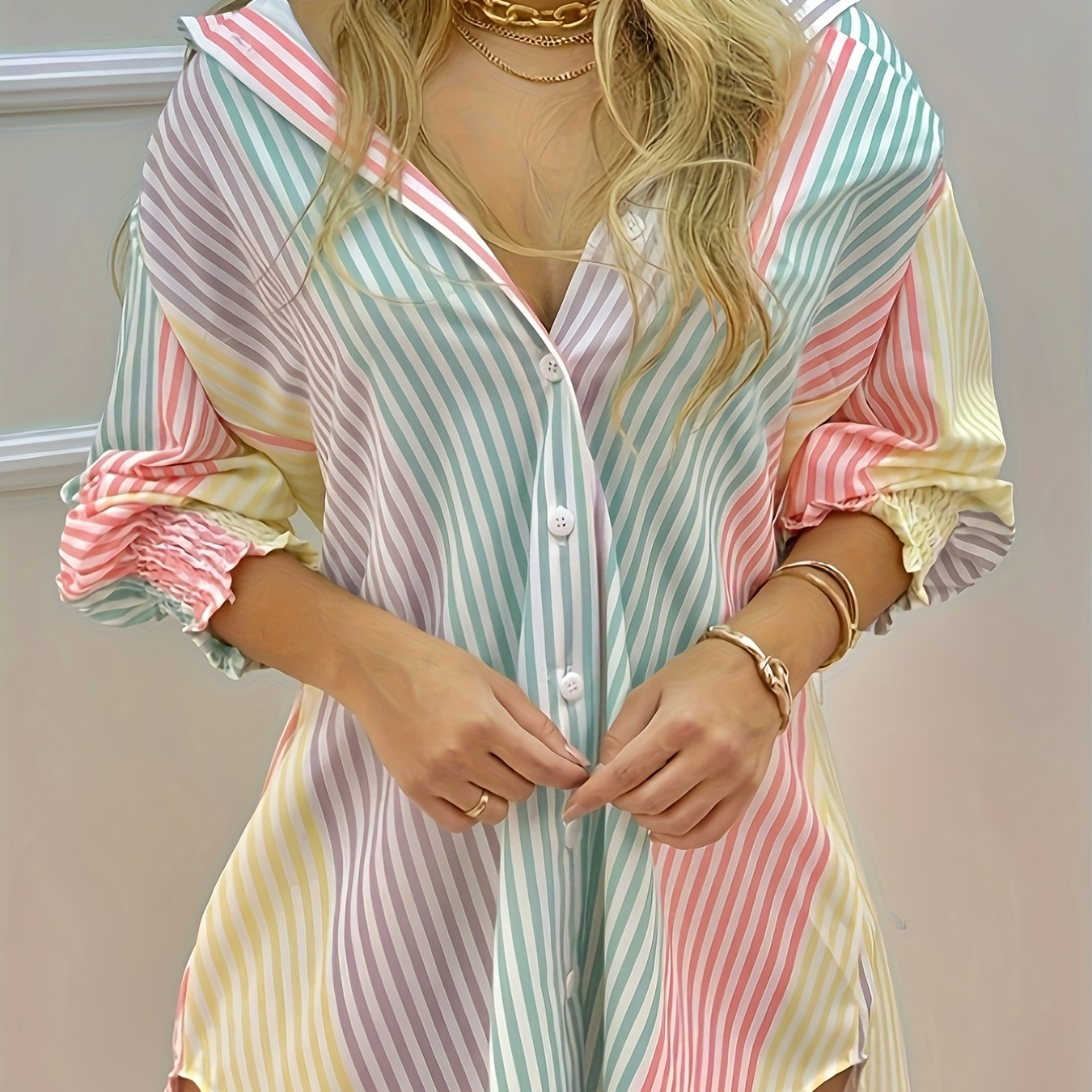 

Colorful Striped Print Shirt, Elegant Button Front Collar Random Printing Shirt, Women's Clothing