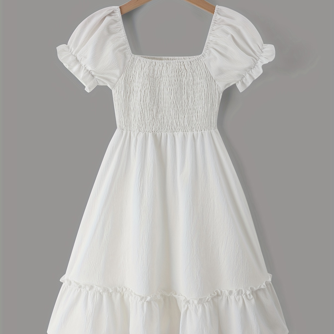 

Girls Sweet Ruffle A-line Puff Sleeve Dress With Shirred Summer Going Out Casual Solid Color Dress