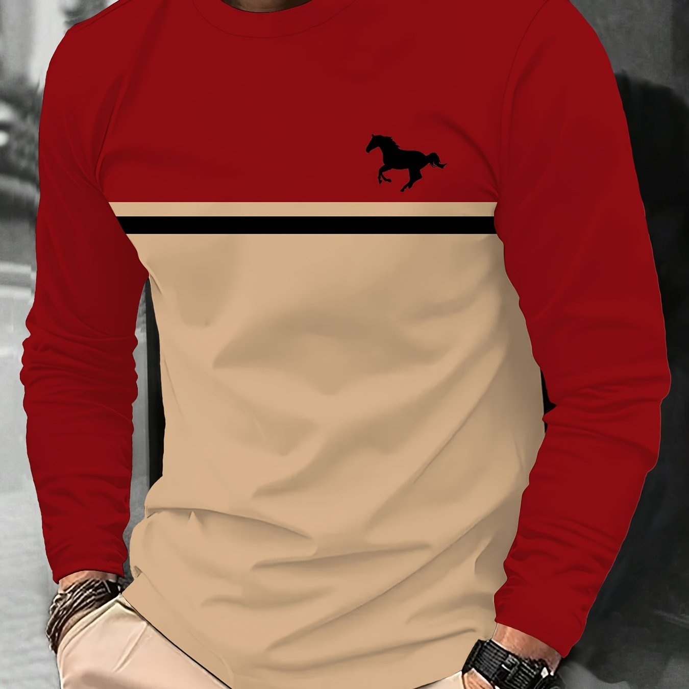 

Men' Horse Print Long Sleeve T-shirt - Casual & Sporty Crew Neck, Breathable Polyester , Fitness & Training