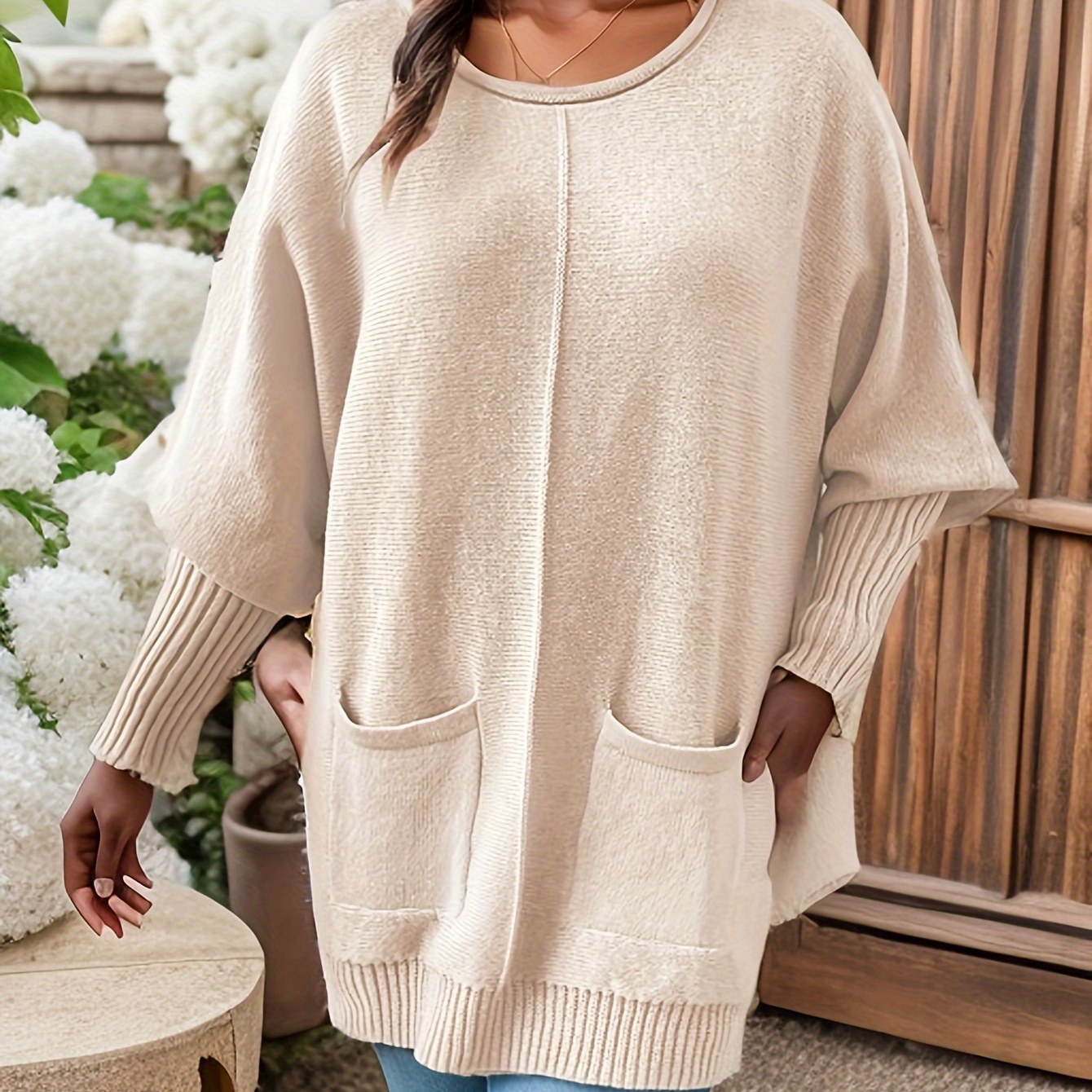 

Plus Size Solid Pockets Knitted Top, Casual Crew Neck Long Sleeve Top, Women's Plus Size clothing