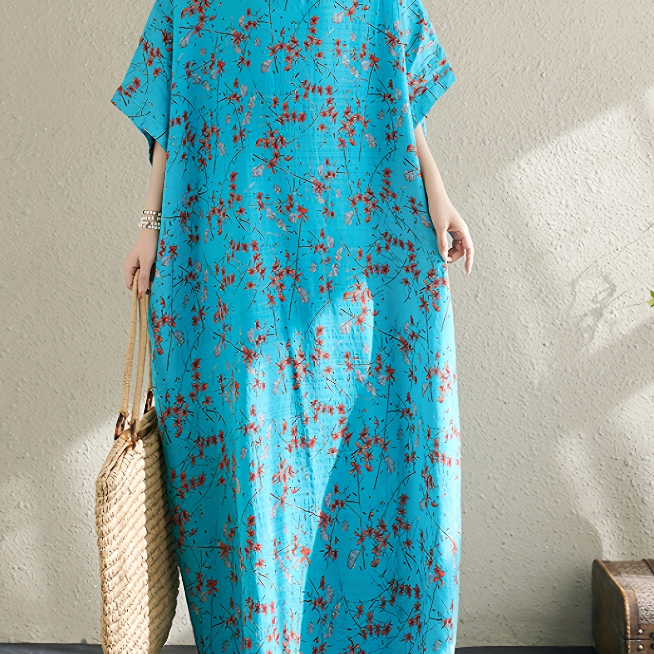 

Women's Boho Cover Up, Plus Size Plant Graphic V Neck Loose Fit Vacay Beach Kaftan Dress