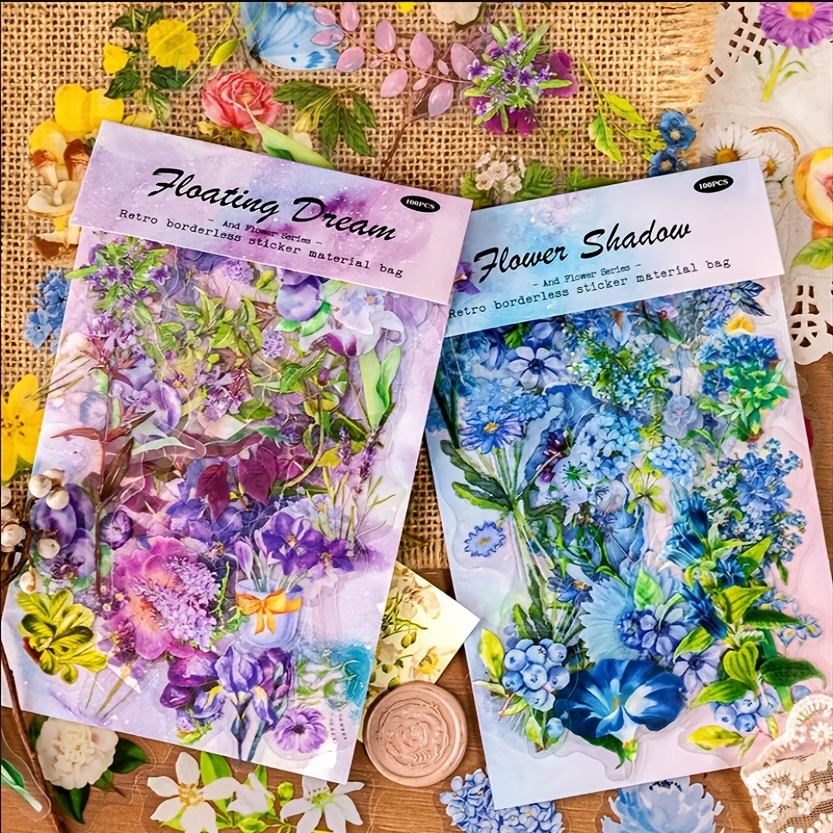 100pcs Kawai Vintage Plant Flower Stickers Waterproof Stickers, plastic stickers For Laptop Guitar Fridge Skateboard Scrapbook Hand Account Envelope Card Decor