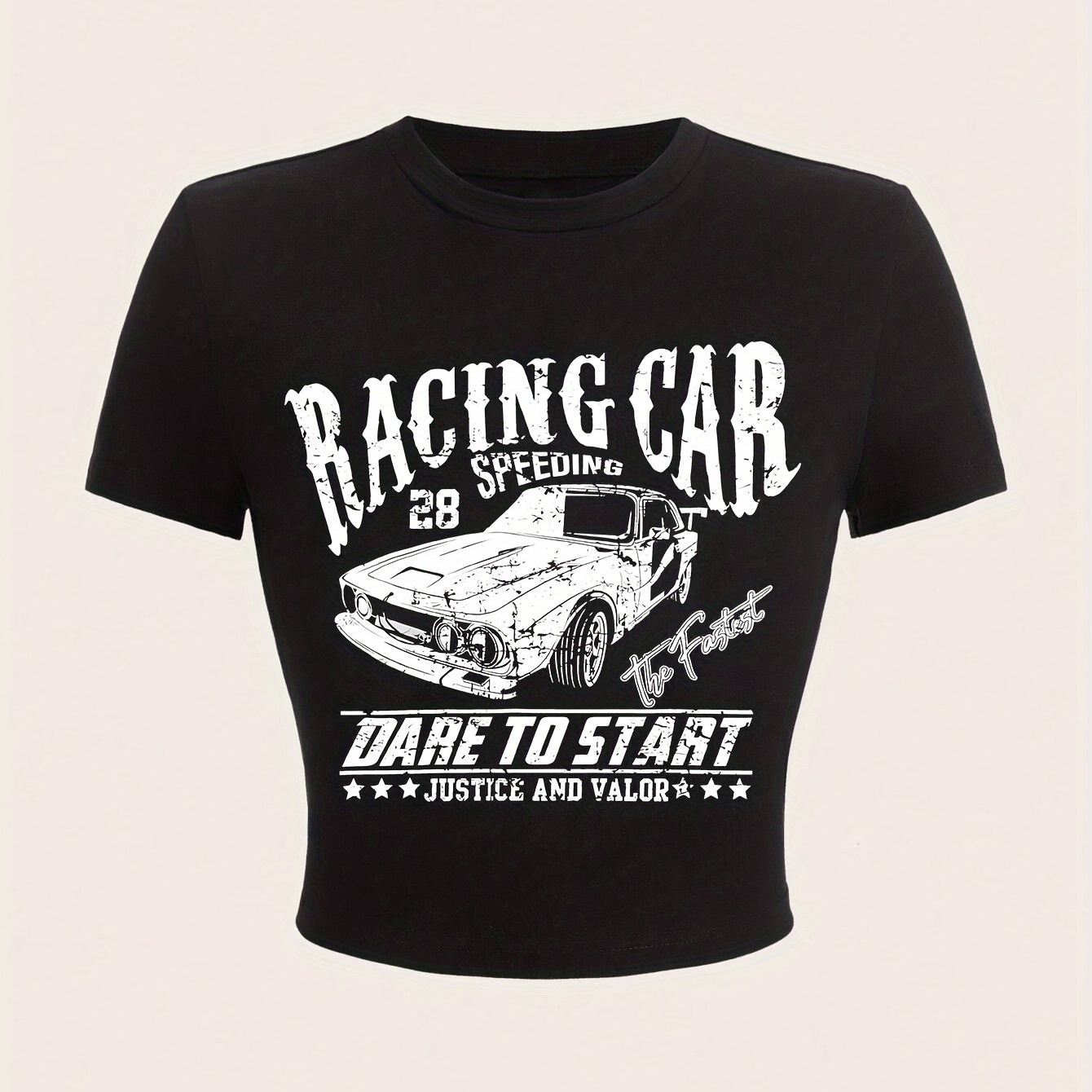 

Racing Car Print Crew Neck T-shirt, Y2k Casual Short Sleeve Slim Crop Top For Spring & Summer, Women's Clothing