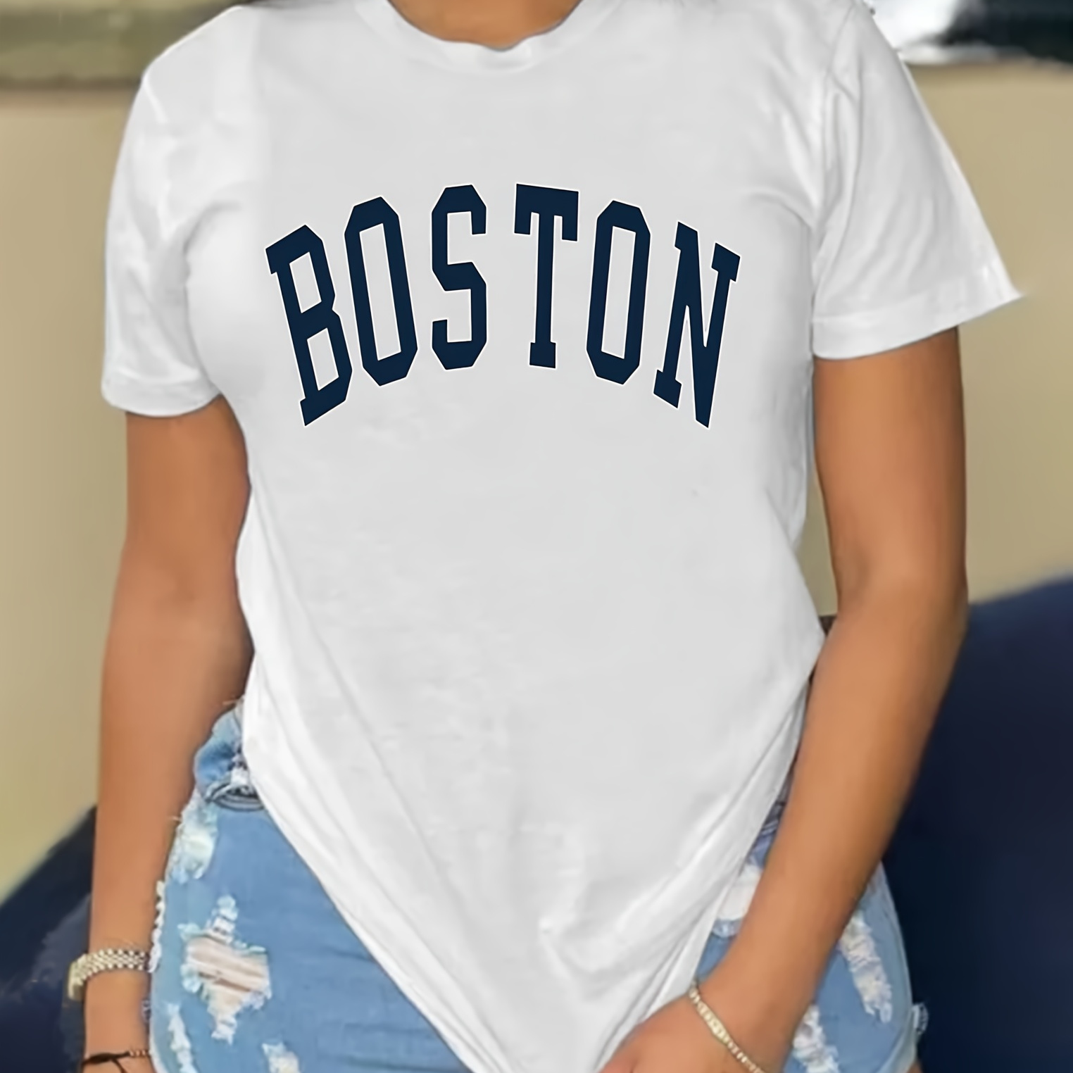 

Bos Ton Letter Print T-shirt, Short Sleeve Crew Neck Casual Top For Summer & Spring, Women's Clothing