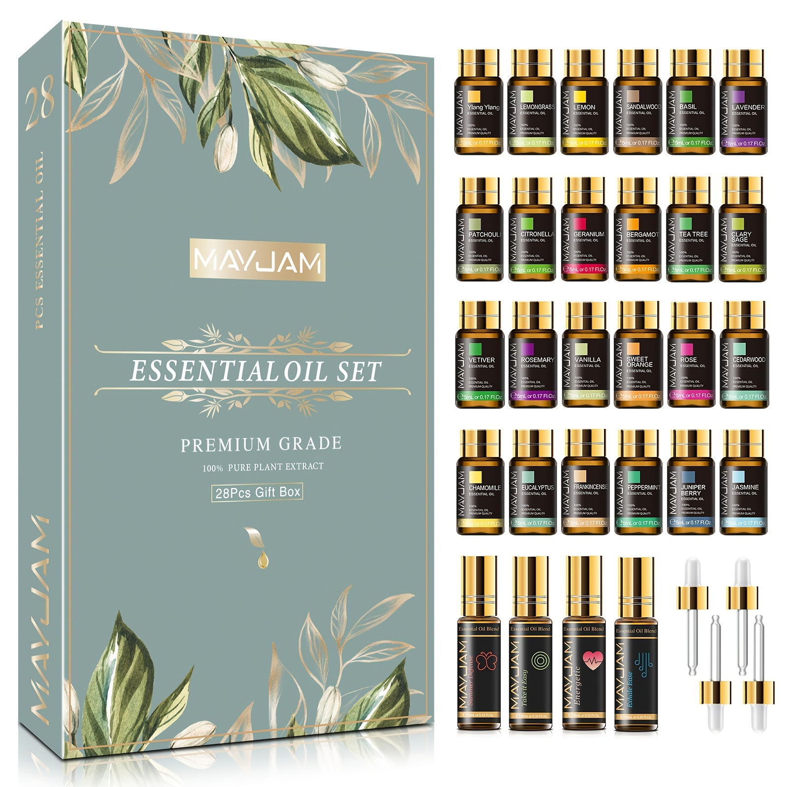 28pcs Essential Oil Gift Set, For Diffusers, Humidifiers, Skin Care, Soap And Candle Making, Gift For Friends, 24 X 0.17oz Pure Essential Oils And 4 X 0.34oz Essential Oil Blends