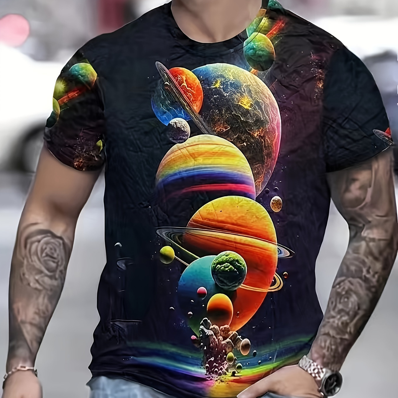 

Men's Creative Graphic Crew Neck T-shirt With Stylish Galaxy Print, Comfy Tee For Summer, Men's Short Sleeve Top For Daily Activities