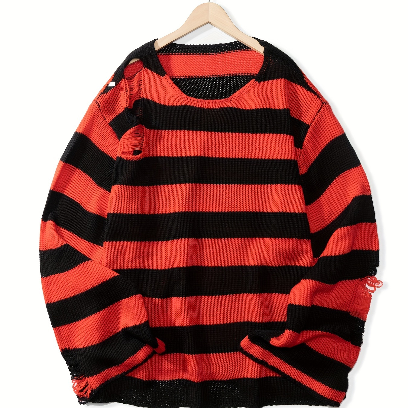 

Plus Size Men's Fashion Striped Sweater Ripped Knit Sweater, Long-sleeved Pullover Spring/autumn Tops For Big & Tall Guys