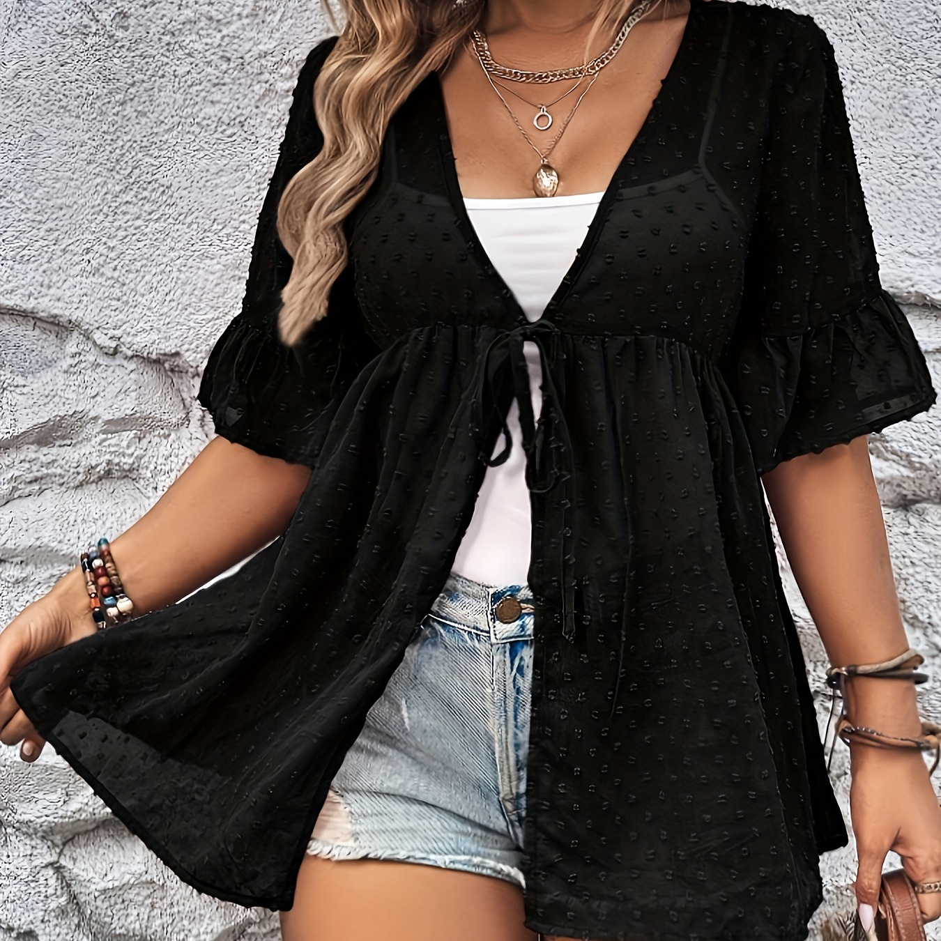 

Plus Size Pompom Solid Top, Casual Lace Up Short Sleeve Top, Women's Plus Size clothing