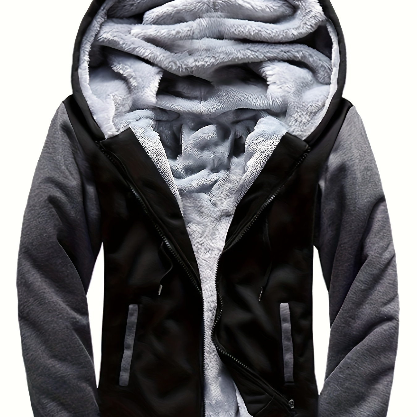

Men's Warm Fleece Hooded Jacket, Casual Color Block Jacket Coat For Fall Winter